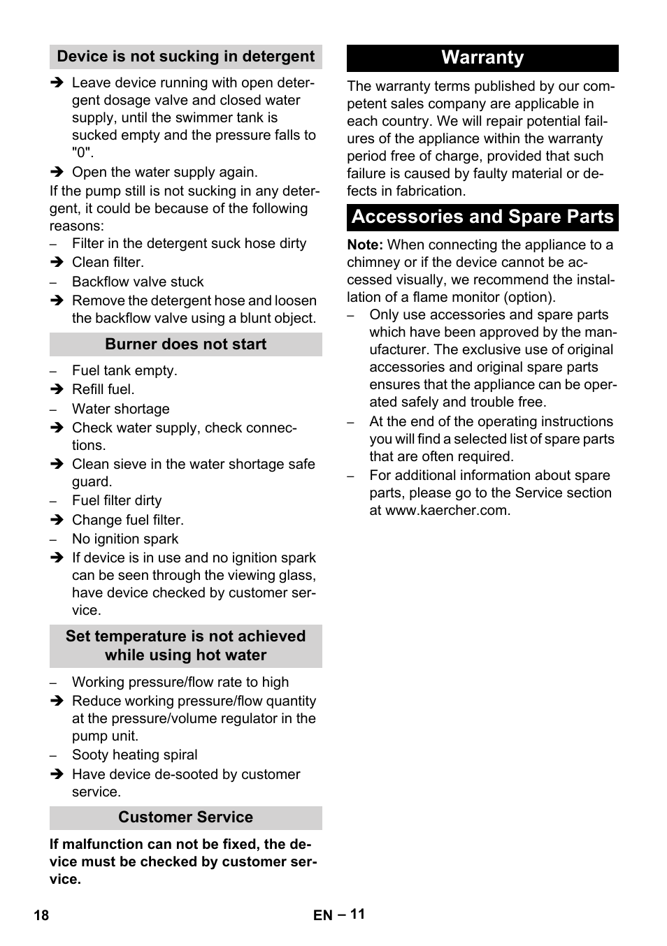 Warranty accessories and spare parts | Karcher HDS 3-0-20 C Ea User Manual | Page 18 / 60