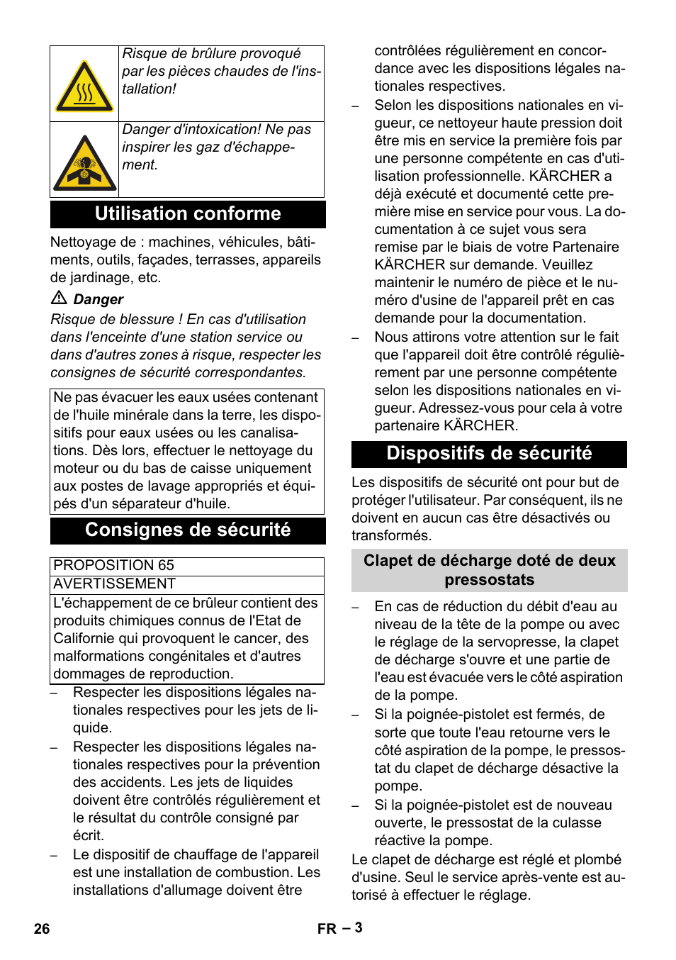 Utilisation conforme, Consignes de sécurité, Dispositifs de sécurité | Karcher HDS 3-0-20 C Ea User Manual | Page 26 / 60