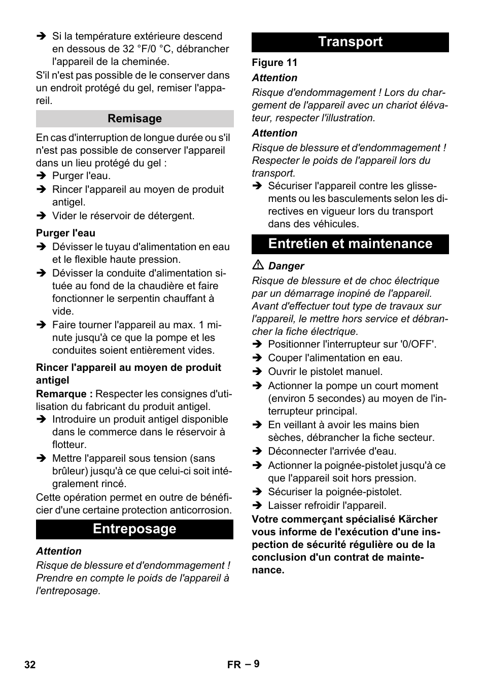 Entreposage transport entretien et maintenance | Karcher HDS 3-0-20 C Ea User Manual | Page 32 / 60