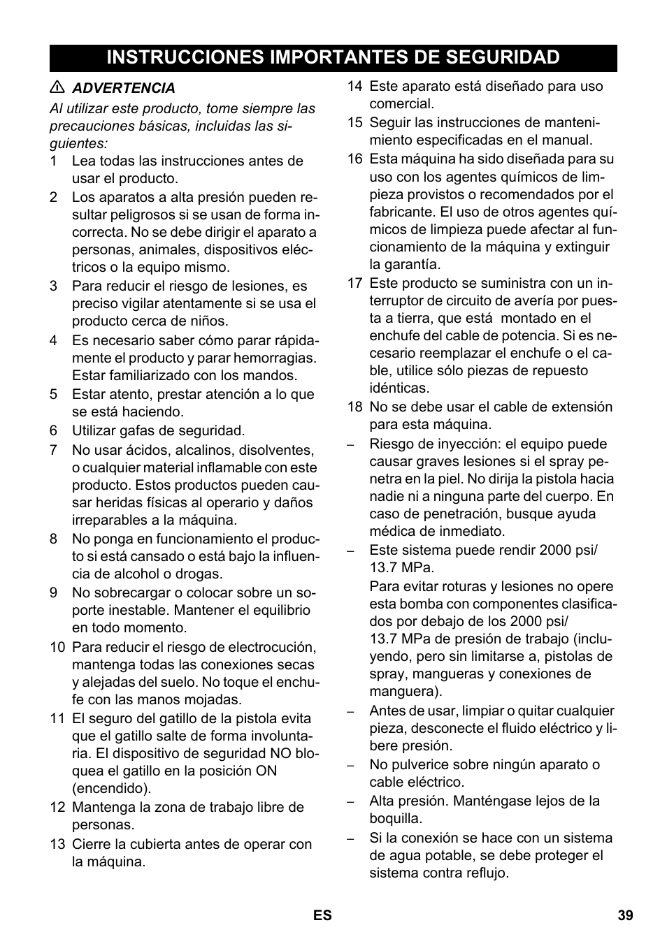 Español, Instrucciones importantes de seguridad | Karcher HDS 3-0-20 C Ea User Manual | Page 39 / 60