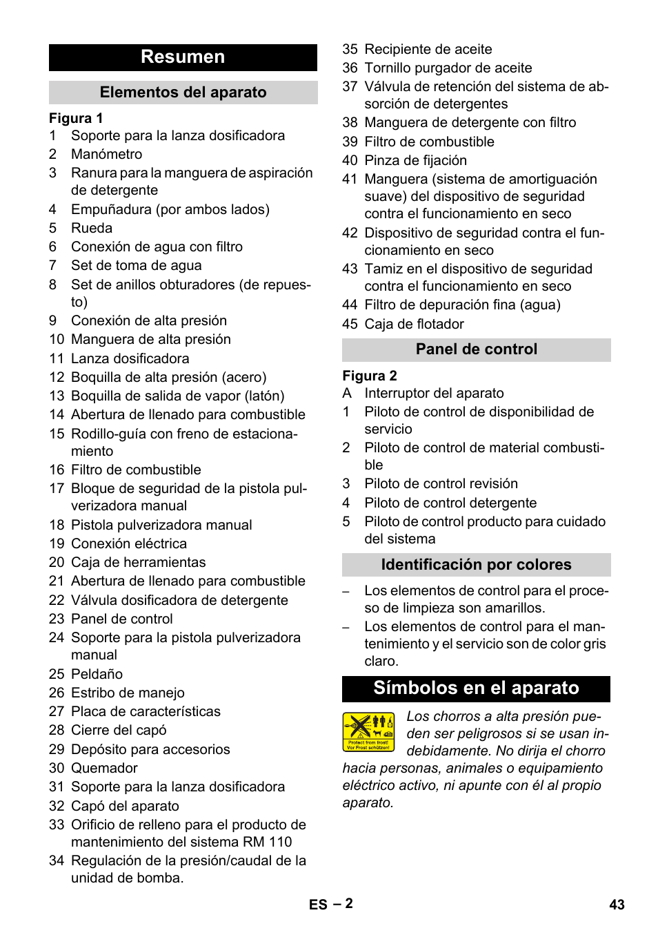 Resumen, Símbolos en el aparato | Karcher HDS 3-0-20 C Ea User Manual | Page 43 / 60