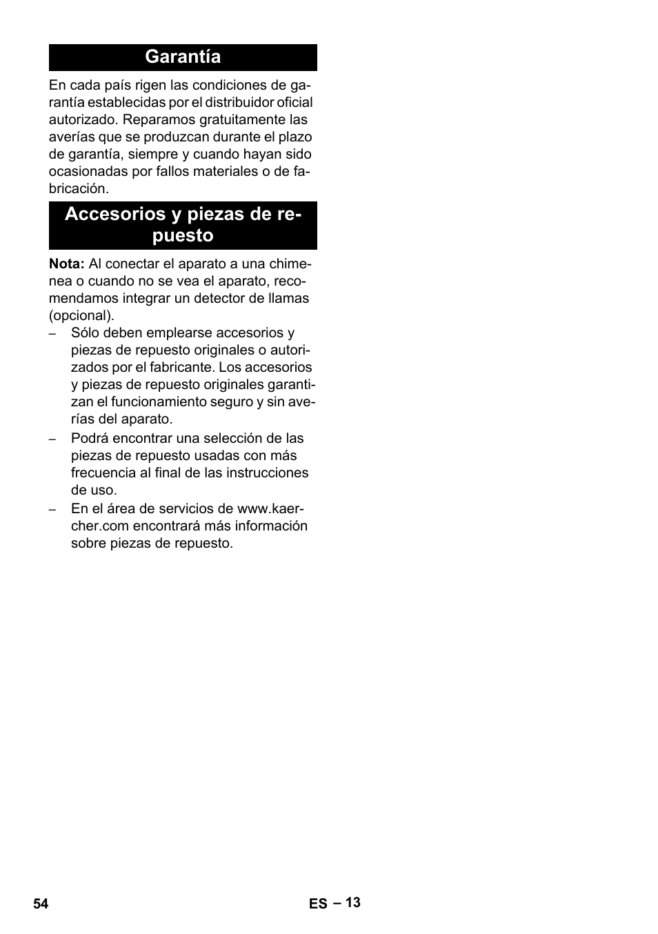 Garantía accesorios y piezas de re- puesto | Karcher HDS 3-0-20 C Ea User Manual | Page 54 / 60