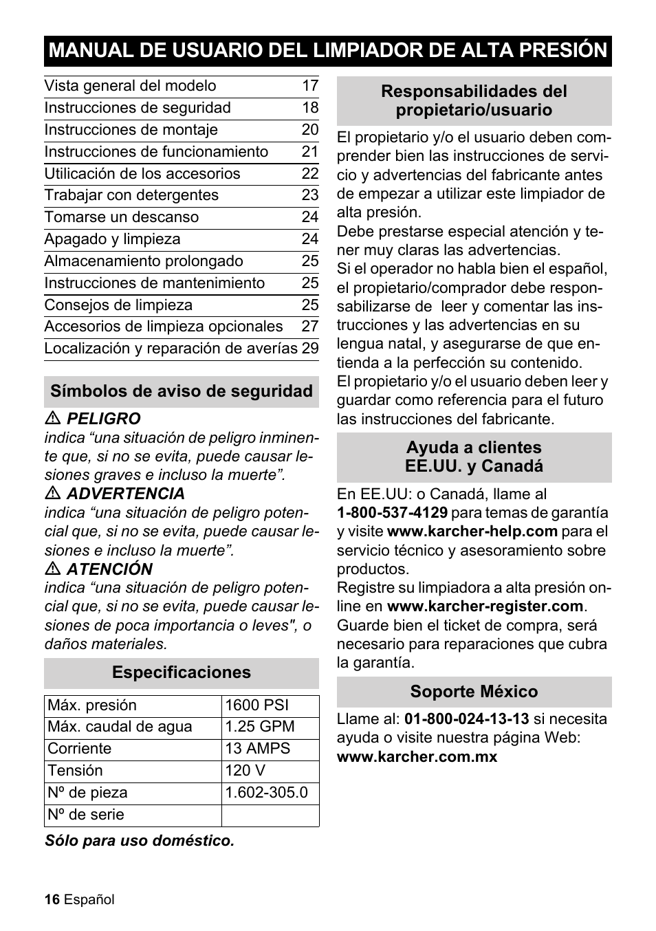 Manual de usuario del limpiador de alta presión | Karcher K 2-425 User Manual | Page 16 / 48