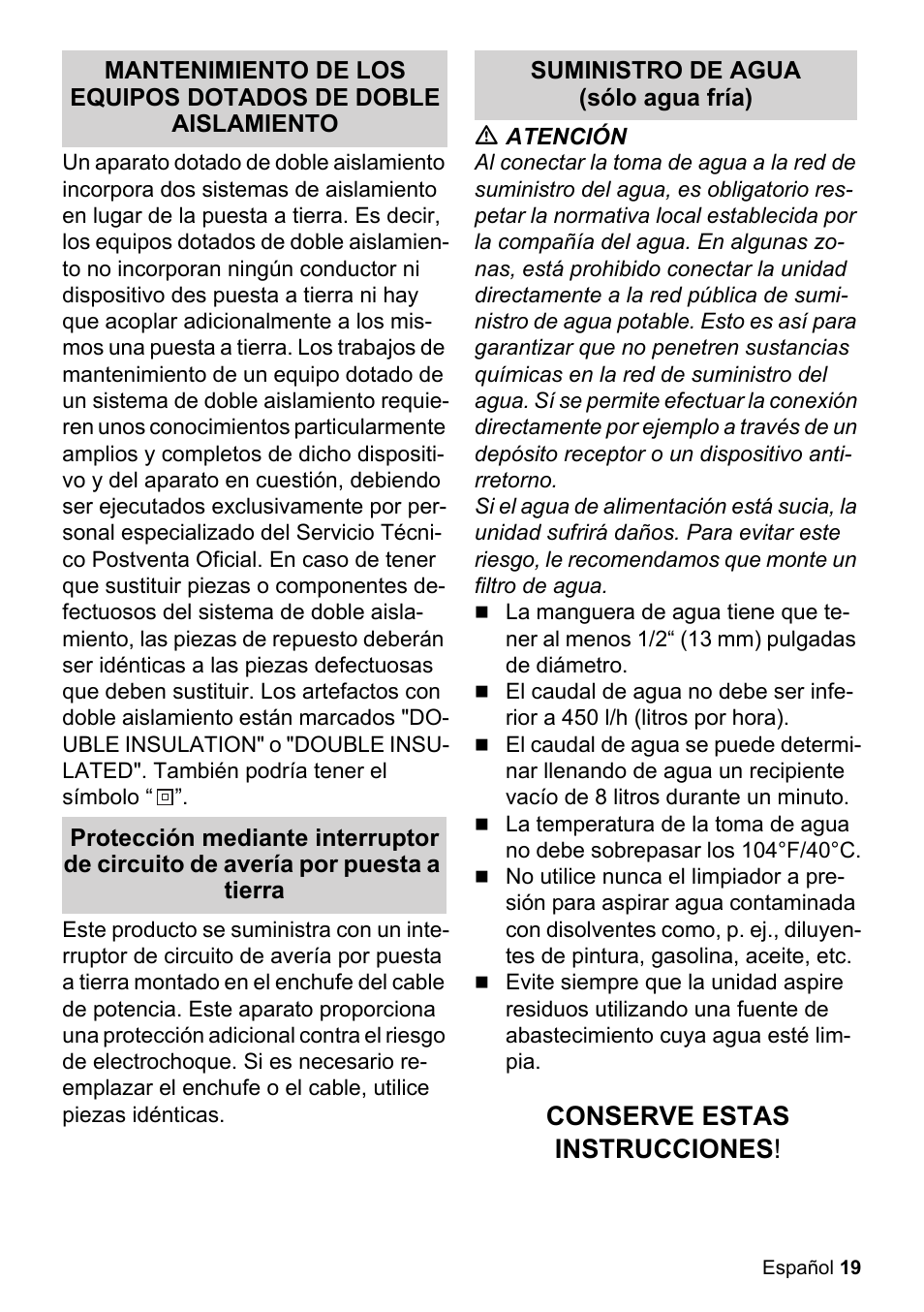 Conserve estas instrucciones | Karcher K 2-425 User Manual | Page 19 / 48