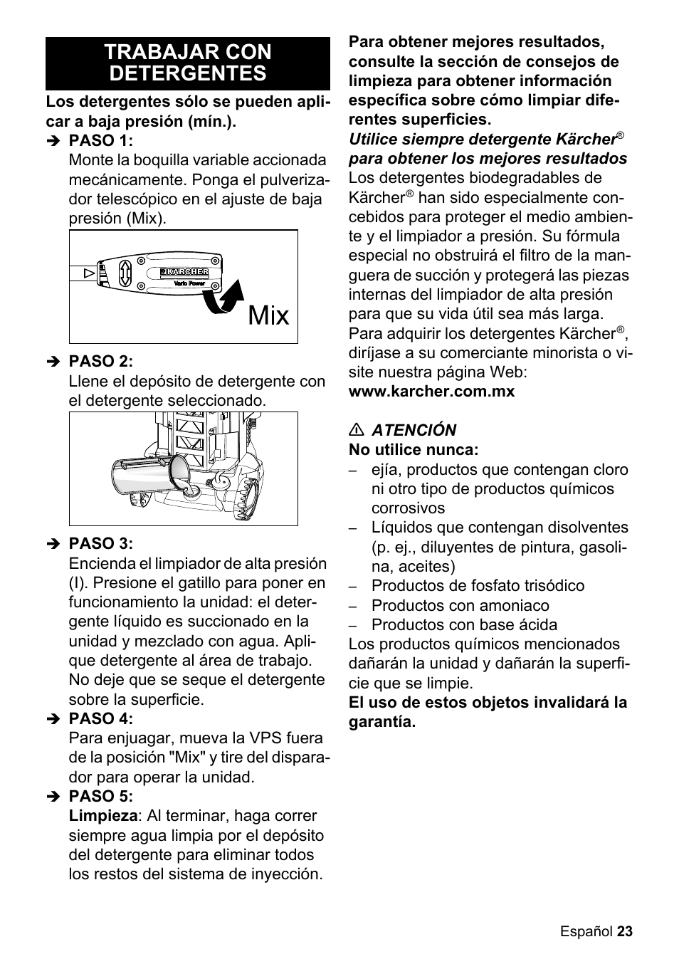 Trabajar con detergentes | Karcher K 2-425 User Manual | Page 23 / 48