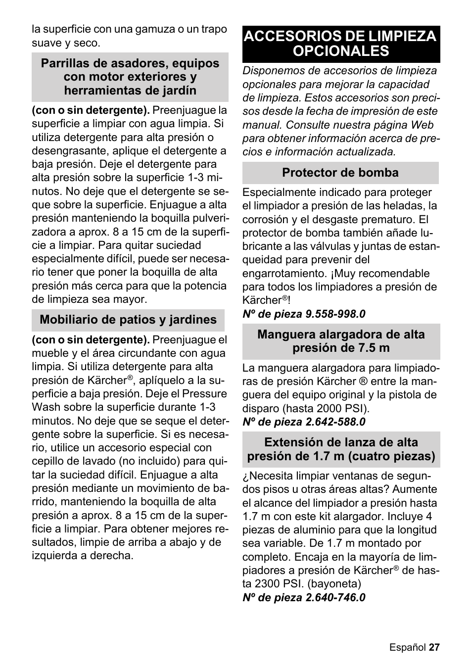 Accesorios de limpieza opcionales | Karcher K 2-425 User Manual | Page 27 / 48