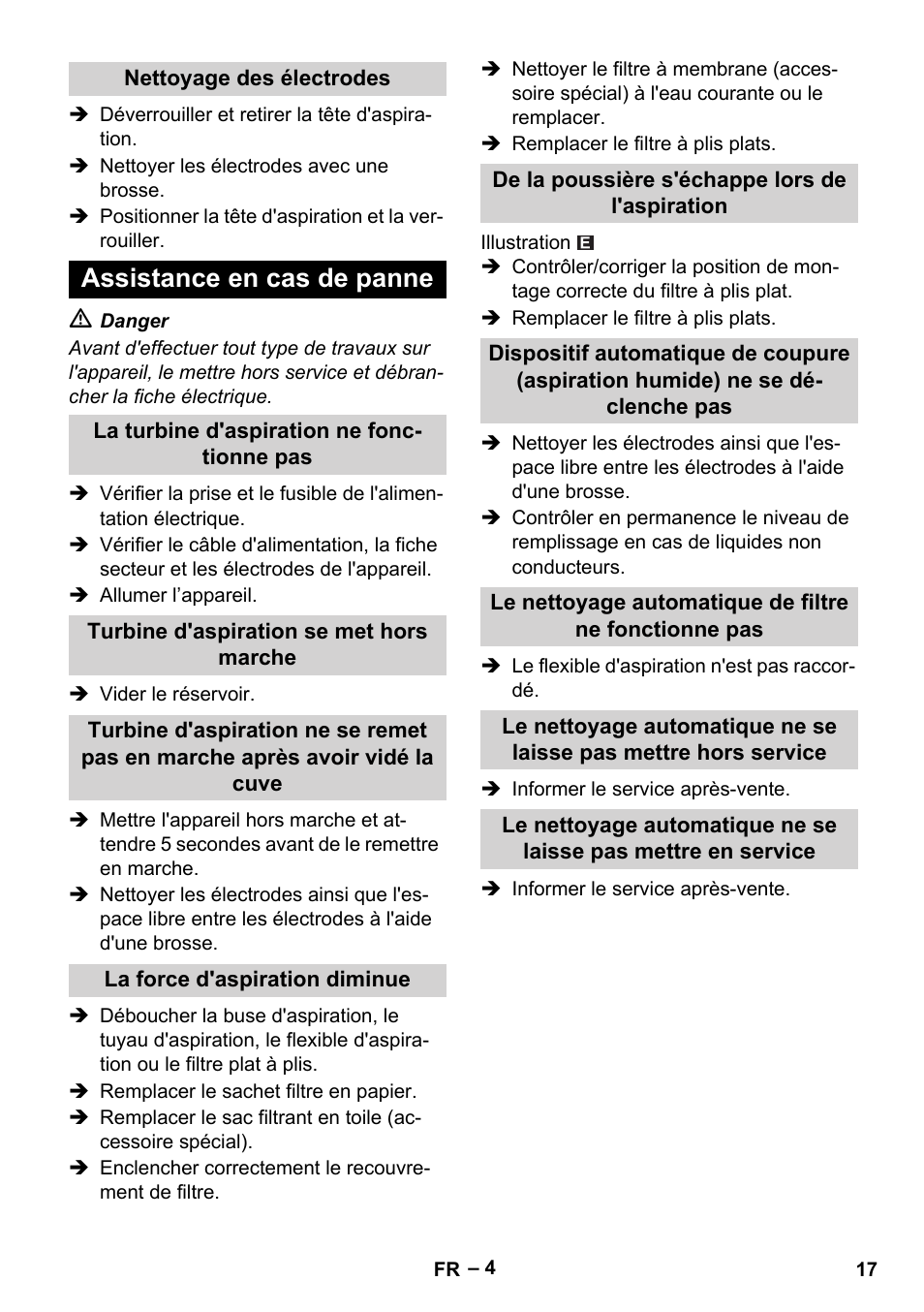 Nettoyage des électrodes, Assistance en cas de panne, La turbine d'aspiration ne fonctionne pas | Turbine d'aspiration se met hors marche, La force d'aspiration diminue, De la poussière s'échappe lors de l'aspiration | Karcher NT 45-1 Eco CUL User Manual | Page 17 / 32