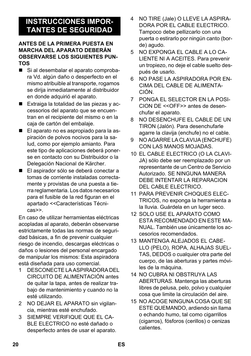 Español, Instrucciones impor- tantes de seguridad | Karcher NT 45-1 Eco CUL User Manual | Page 20 / 32