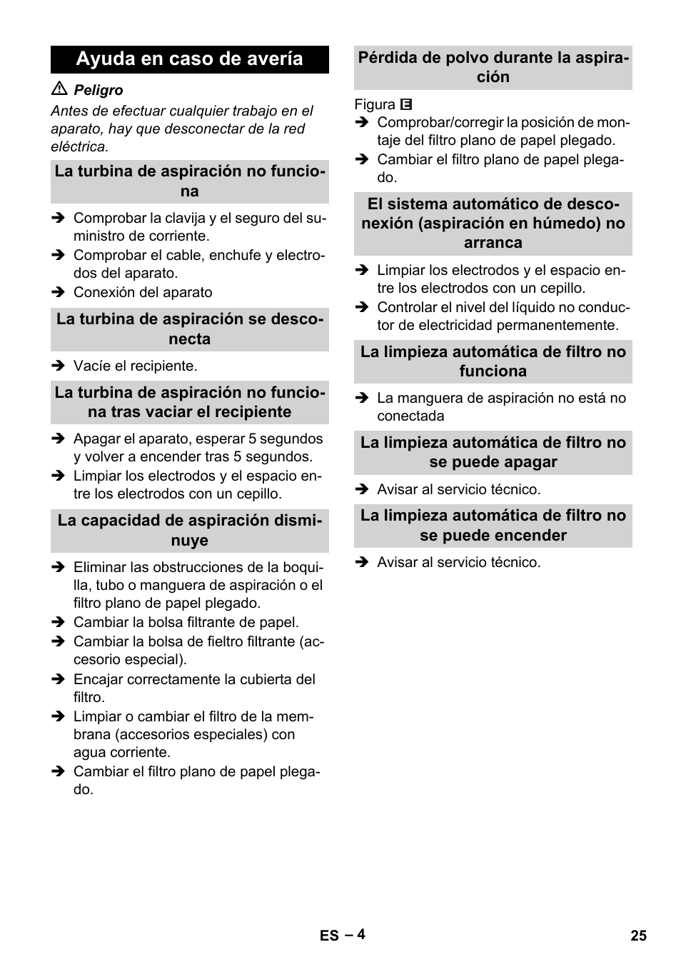 Ayuda en caso de avería, La turbina de aspiración no funciona, La turbina de aspiración se desconecta | La capacidad de aspiración disminuye, Pérdida de polvo durante la aspiración, La limpieza automática de filtro no funciona | Karcher NT 45-1 Eco CUL User Manual | Page 25 / 32