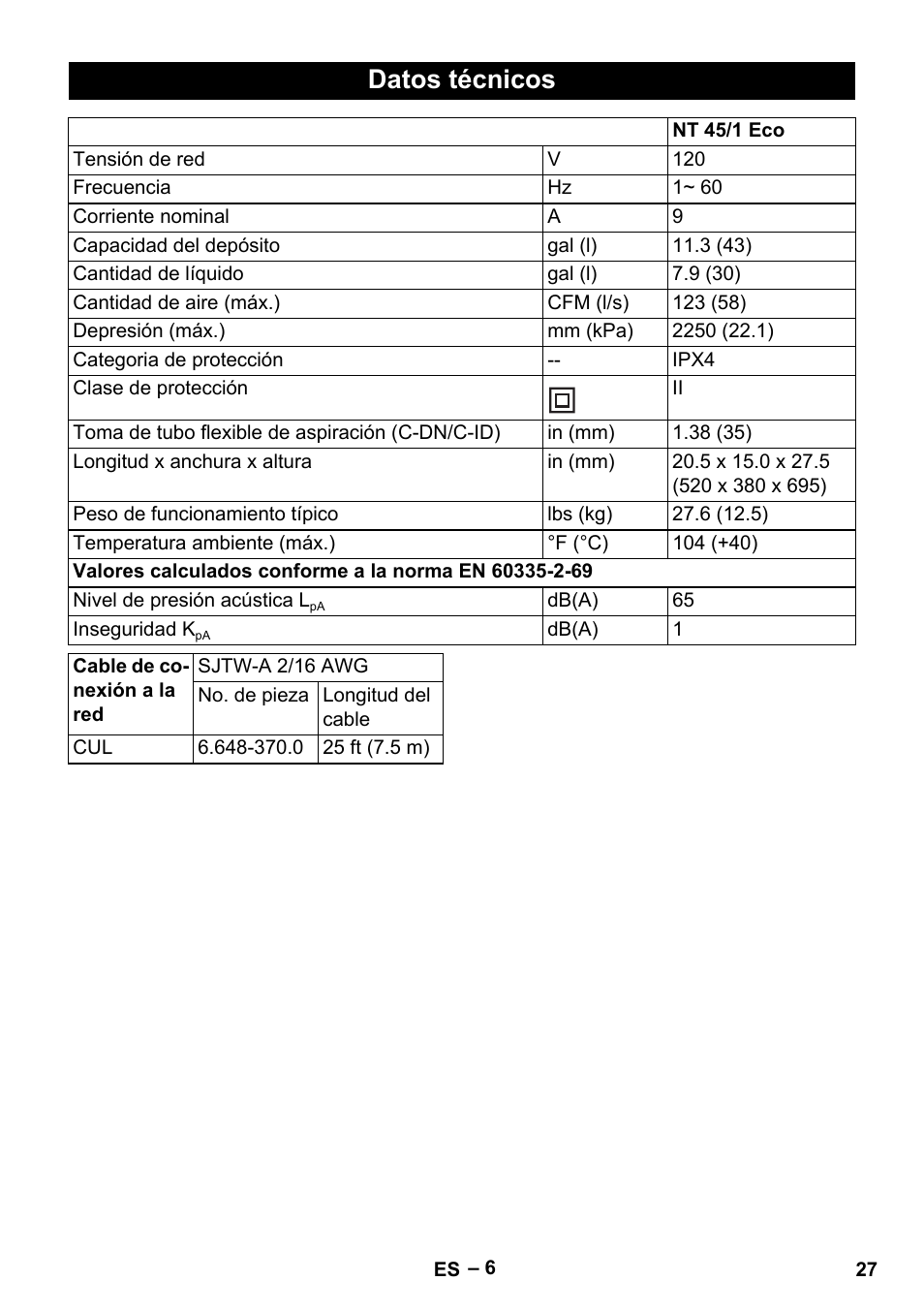 Datos técnicos | Karcher NT 45-1 Eco CUL User Manual | Page 27 / 32