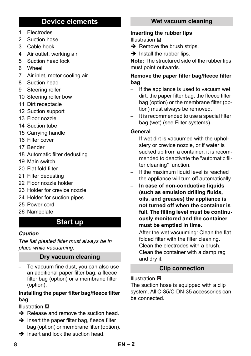 Device elements, Start up, Dry vacuum cleaning | Installing the paper filter bag/fleece filter bag, Wet vacuum cleaning, Inserting the rubber lips, Remove the paper filter bag/fleece filter bag, General, Clip connection, Device elements start up | Karcher NT 45-1 Eco CUL User Manual | Page 8 / 32