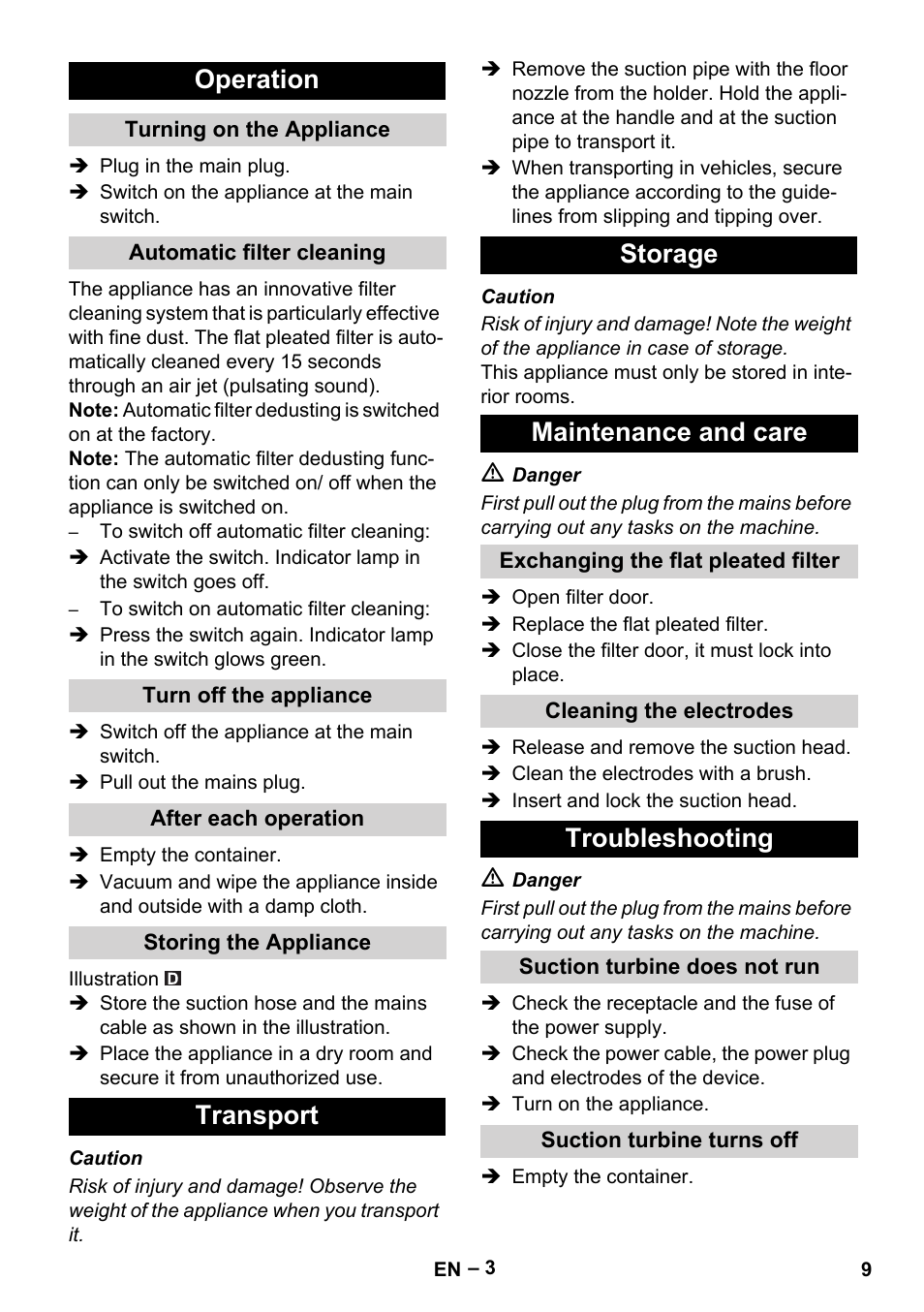 Operation, Turning on the appliance, Automatic filter cleaning | Turn off the appliance, After each operation, Storing the appliance, Transport, Storage, Maintenance and care, Exchanging the flat pleated filter | Karcher NT 45-1 Eco CUL User Manual | Page 9 / 32