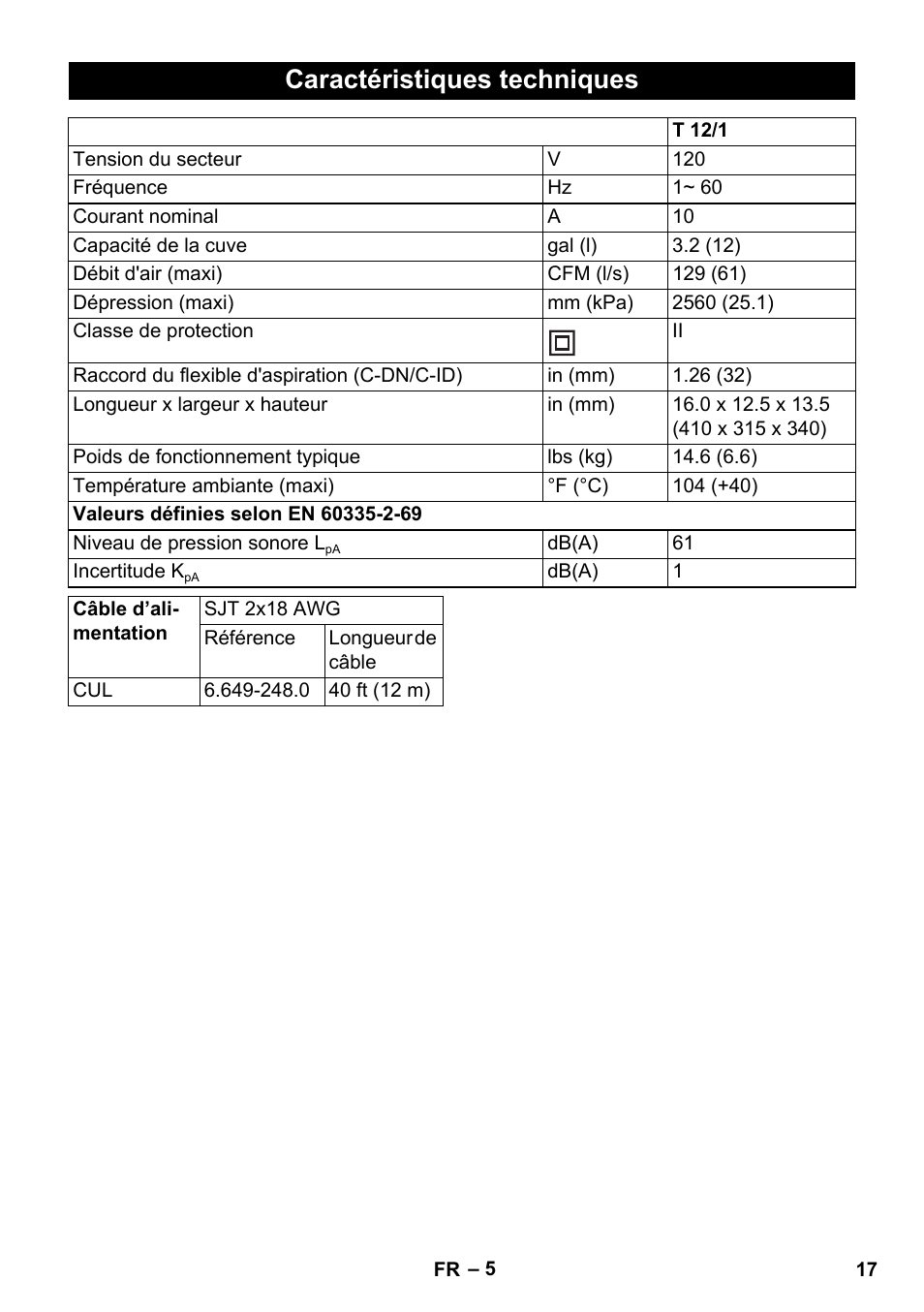 Caractéristiques techniques | Karcher T 12-1 CUL User Manual | Page 17 / 28