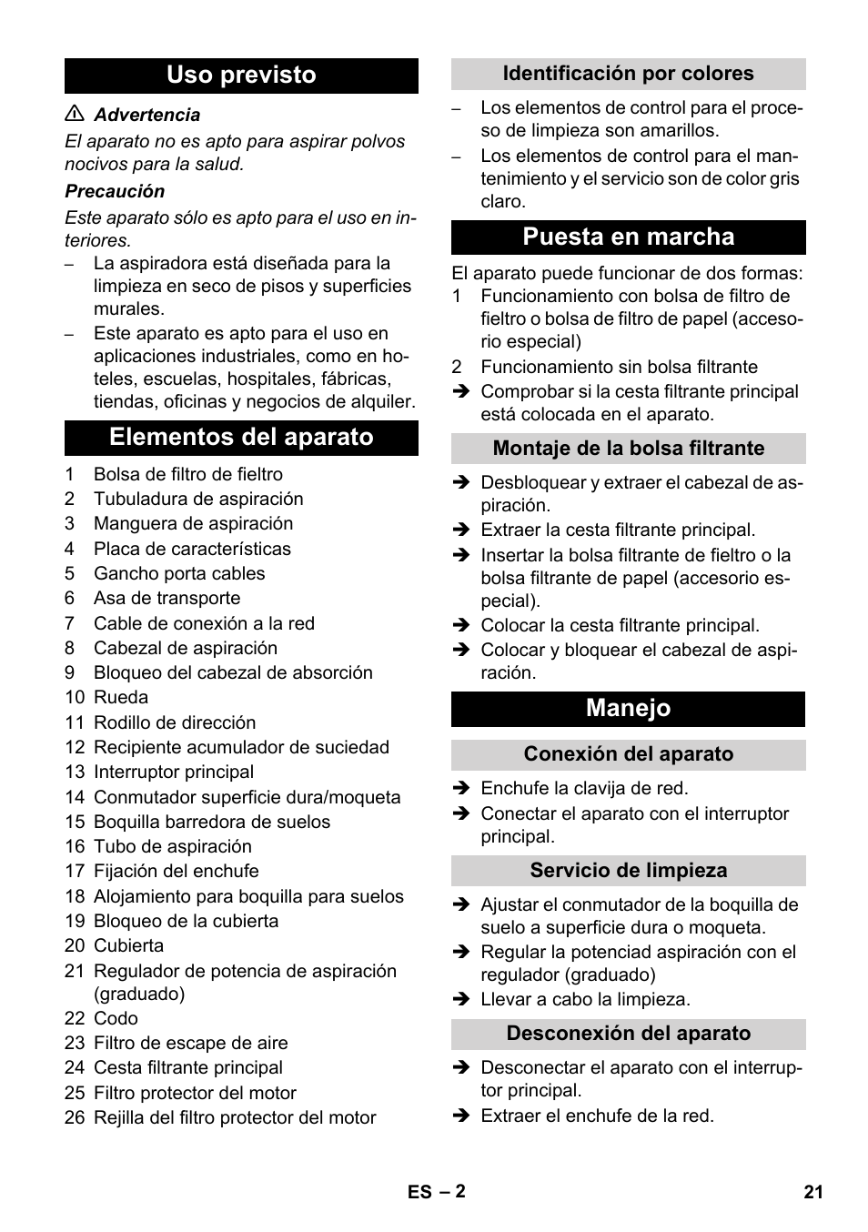 Uso previsto elementos del aparato, Puesta en marcha, Manejo | Karcher T 12-1 CUL User Manual | Page 21 / 28