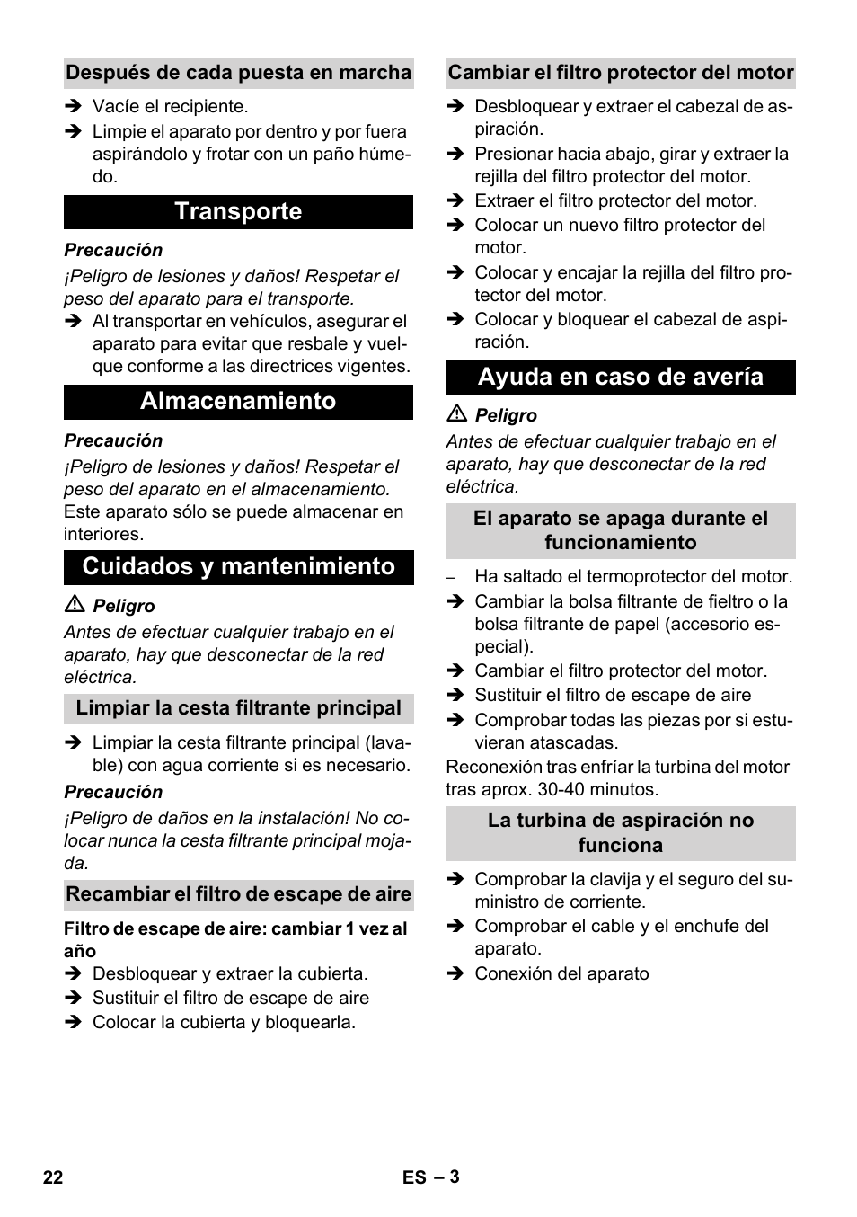 Transporte almacenamiento cuidados y mantenimiento, Ayuda en caso de avería | Karcher T 12-1 CUL User Manual | Page 22 / 28