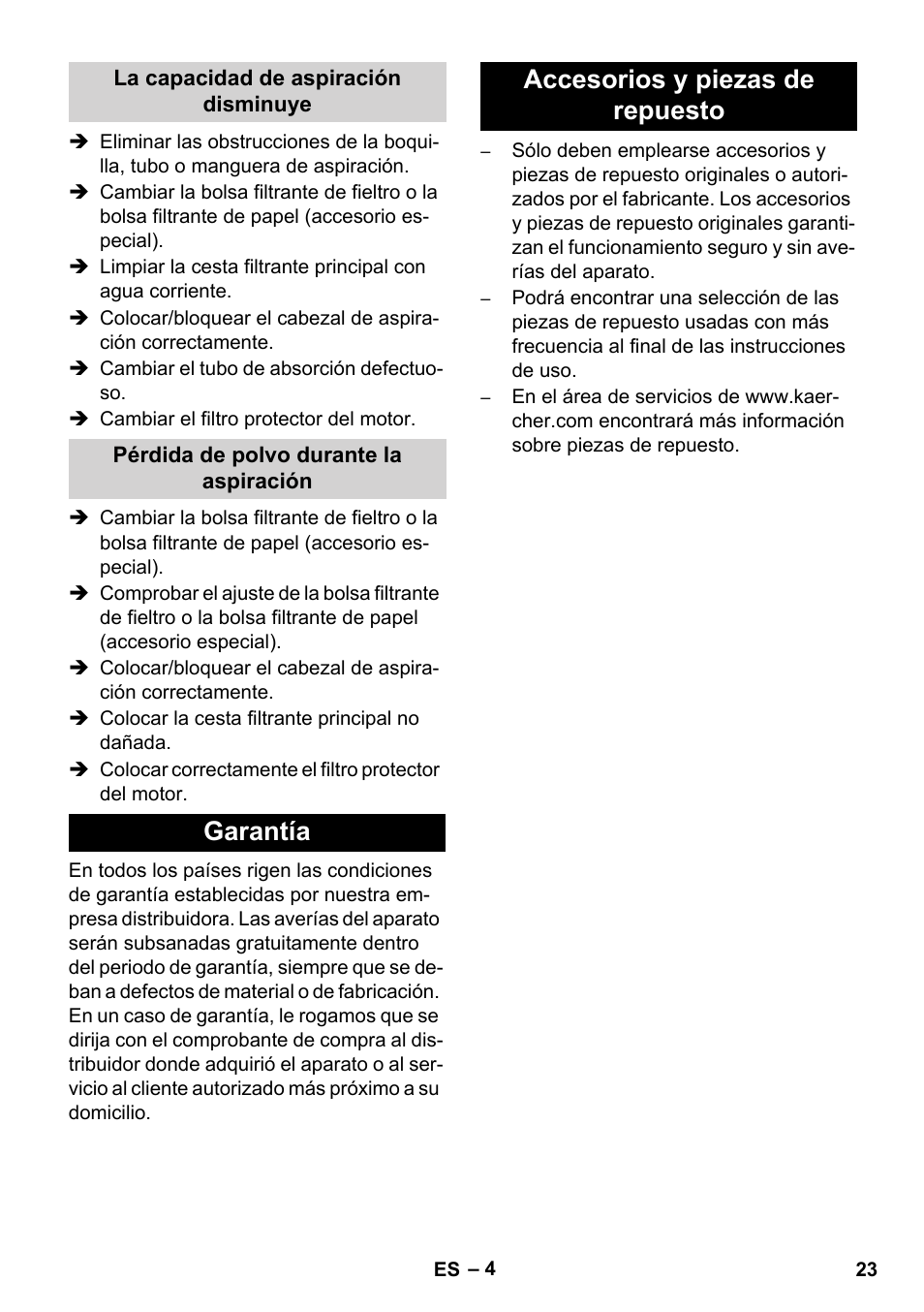 Garantía accesorios y piezas de repuesto | Karcher T 12-1 CUL User Manual | Page 23 / 28