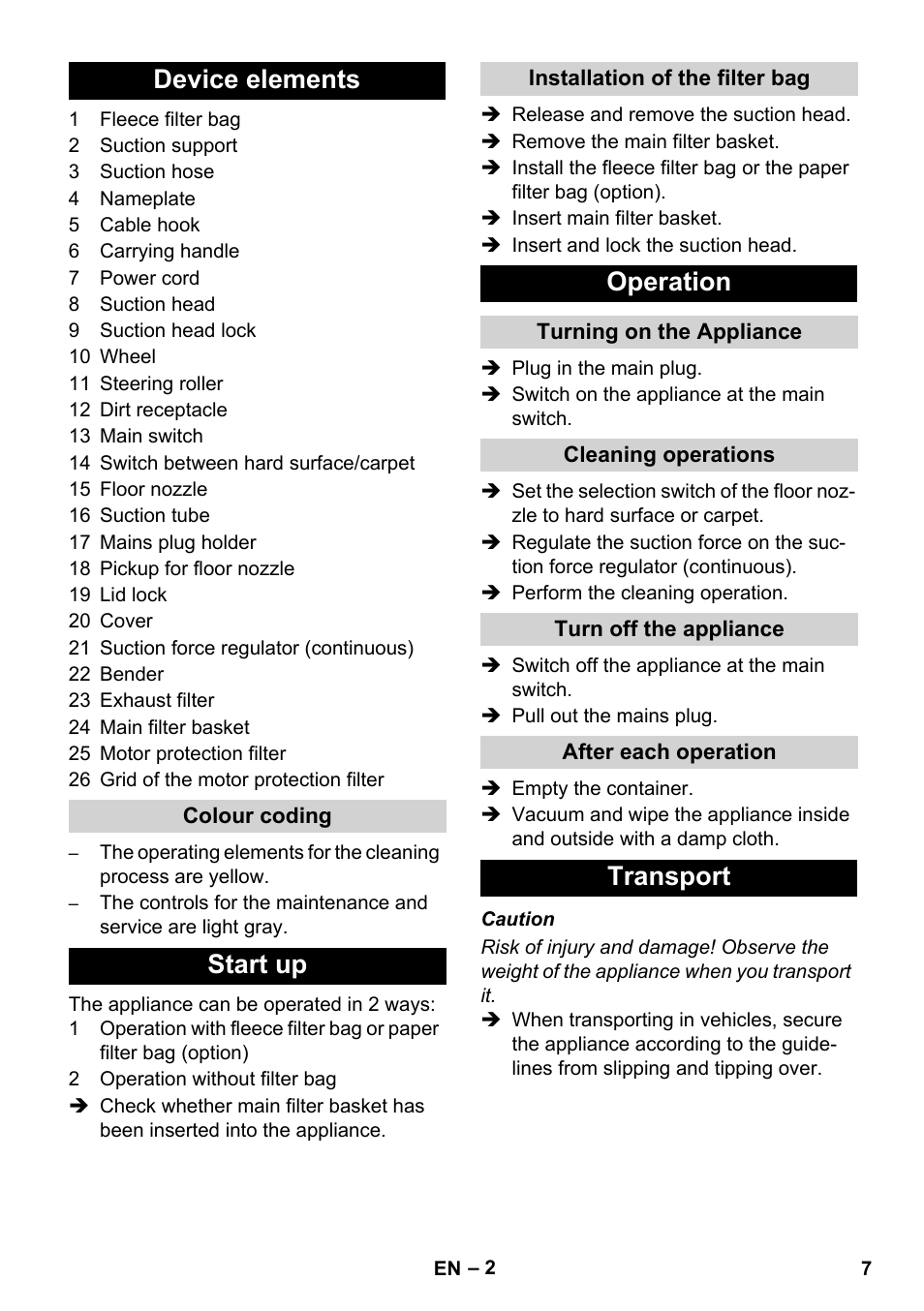 Device elements, Start up, Operation | Transport | Karcher T 12-1 CUL User Manual | Page 7 / 28