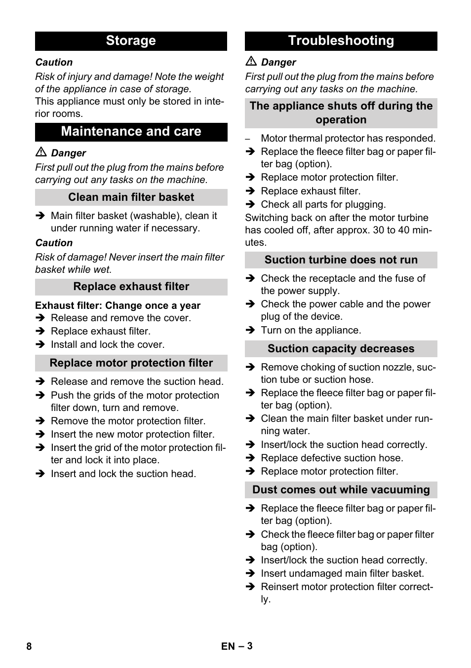 Storage maintenance and care, Troubleshooting | Karcher T 12-1 CUL User Manual | Page 8 / 28