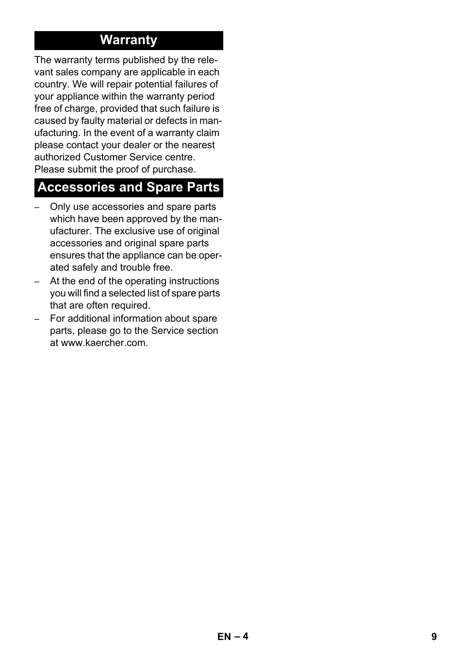 Warranty accessories and spare parts | Karcher T 12-1 CUL User Manual | Page 9 / 28