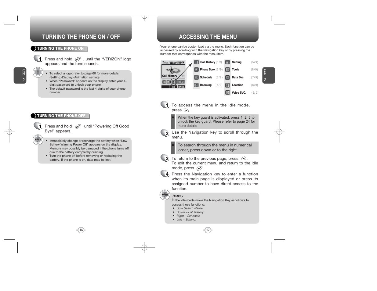 Accessing the menu, Turning the phone on / off | Audiovox WIRELESS HANDSET WITH GPS CDM-8300 User Manual | Page 10 / 67