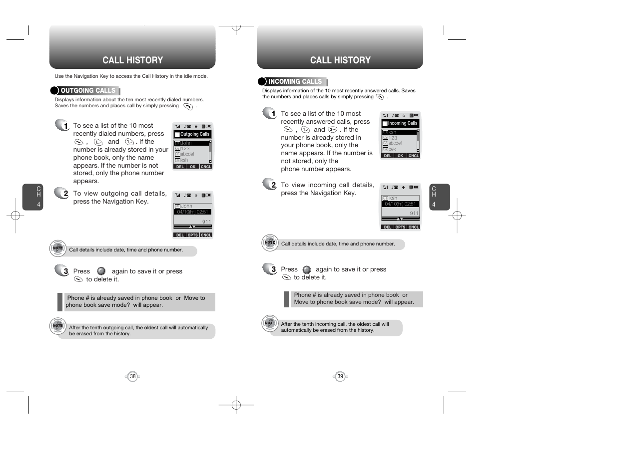 Call history | Audiovox WIRELESS HANDSET WITH GPS CDM-8300 User Manual | Page 21 / 67