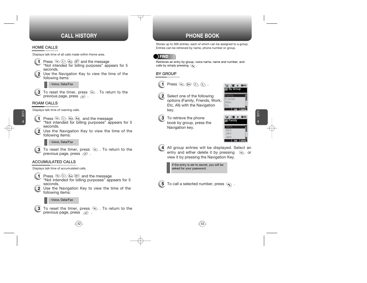 Phone book, Call history | Audiovox WIRELESS HANDSET WITH GPS CDM-8300 User Manual | Page 23 / 67