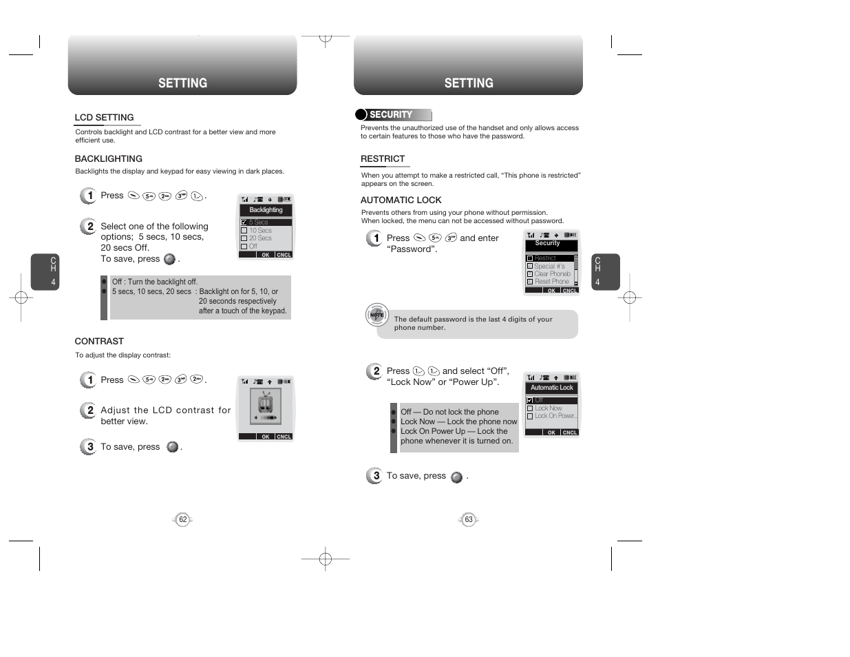 Setting | Audiovox WIRELESS HANDSET WITH GPS CDM-8300 User Manual | Page 33 / 67