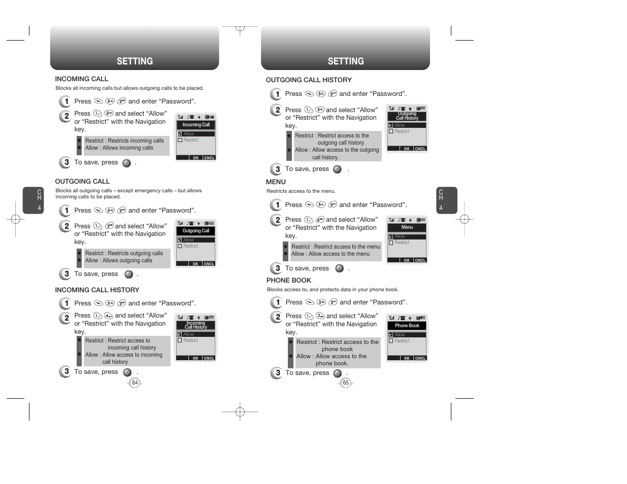 Setting | Audiovox WIRELESS HANDSET WITH GPS CDM-8300 User Manual | Page 34 / 67