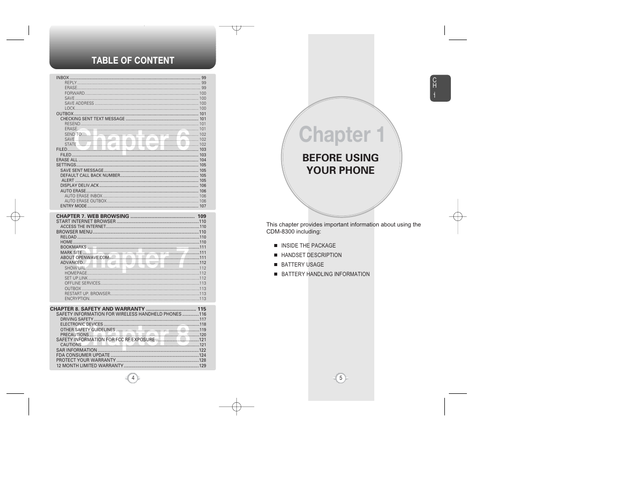 Chapter 6 chapter 7 chapter 8, Chapter 1, Before using your phone | Audiovox WIRELESS HANDSET WITH GPS CDM-8300 User Manual | Page 4 / 67