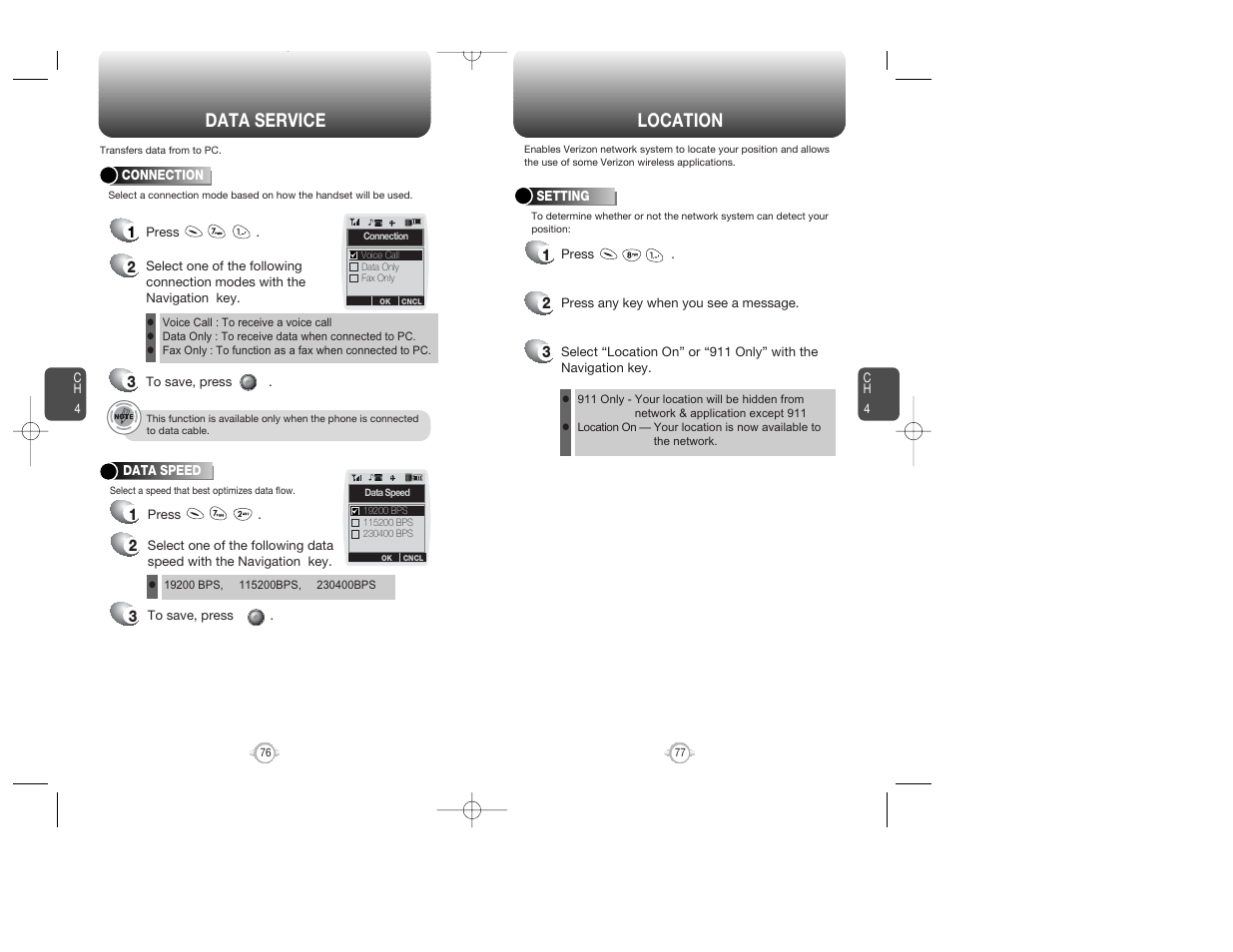 Location, Data service | Audiovox WIRELESS HANDSET WITH GPS CDM-8300 User Manual | Page 40 / 67