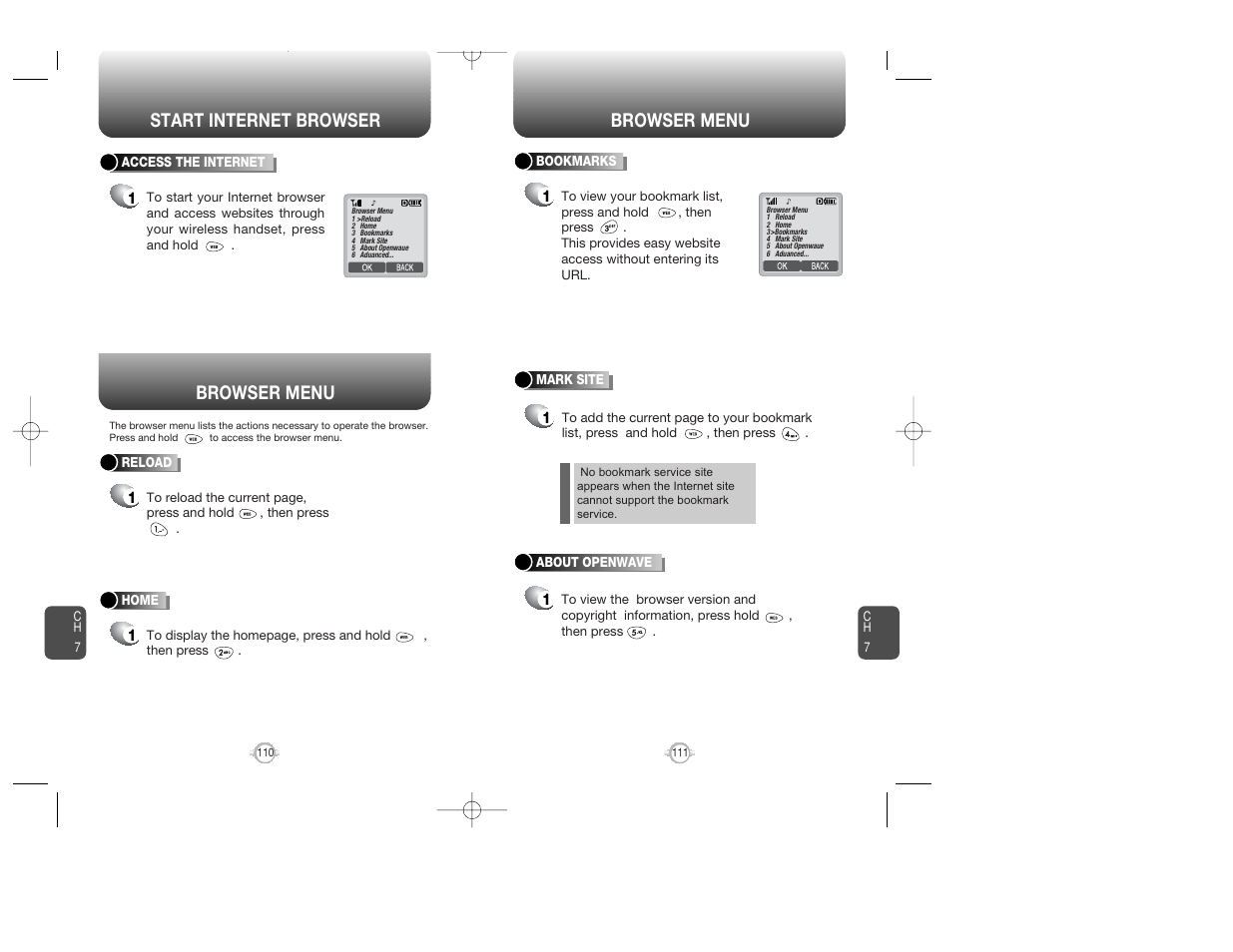 Start internet browser browser menu, Browser menu | Audiovox WIRELESS HANDSET WITH GPS CDM-8300 User Manual | Page 57 / 67