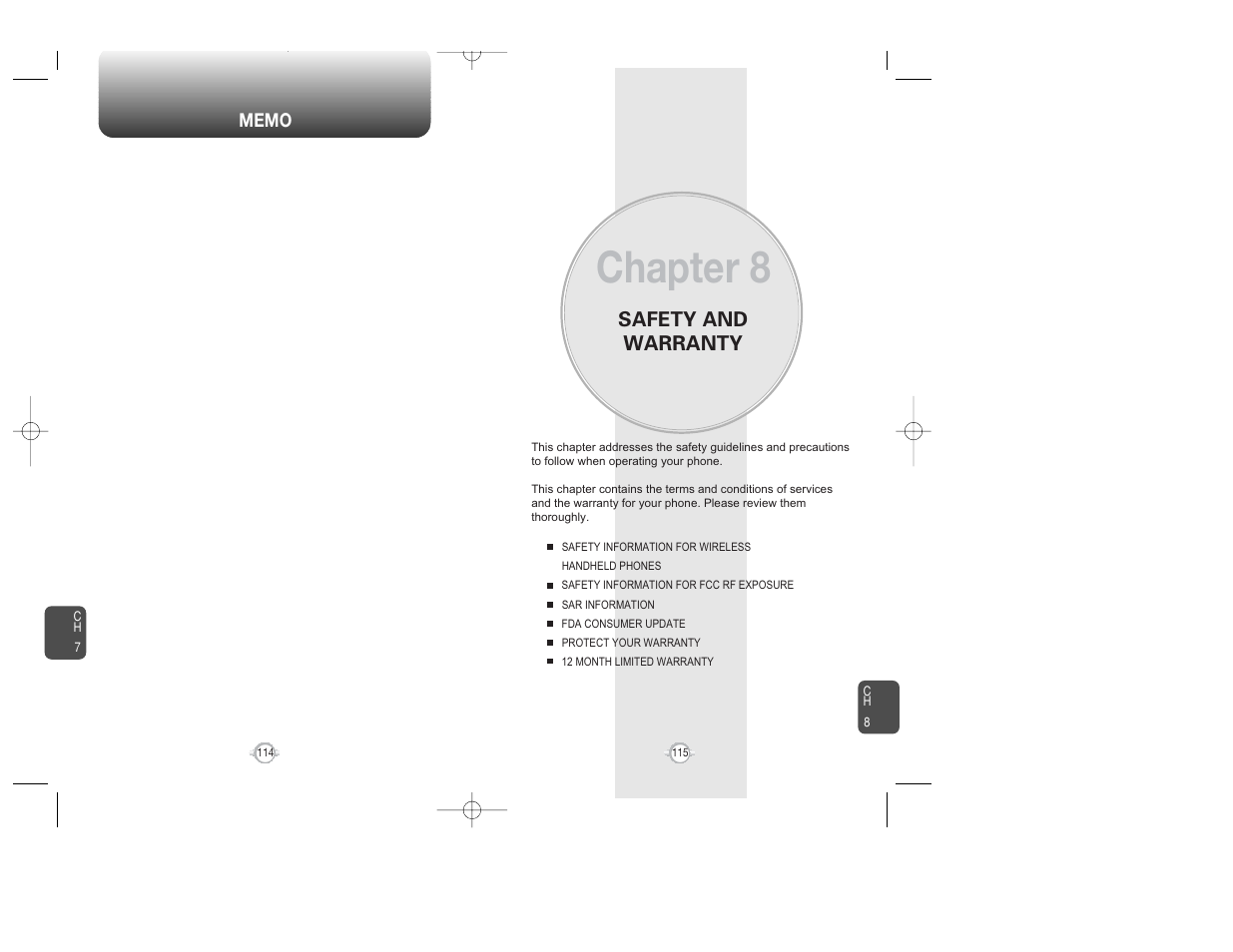 Chapter 8, Safety and warranty | Audiovox WIRELESS HANDSET WITH GPS CDM-8300 User Manual | Page 59 / 67
