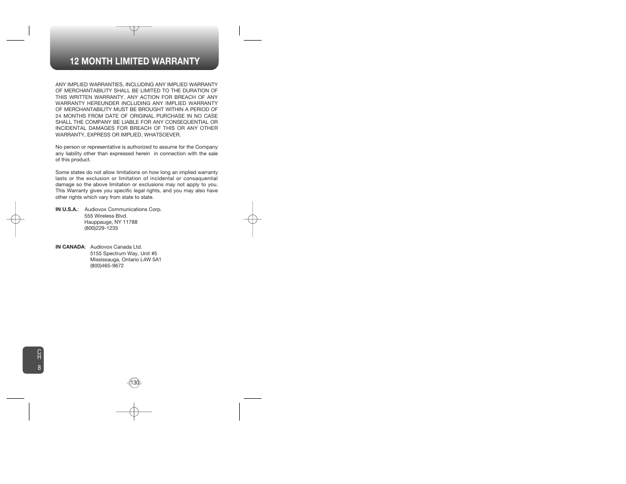 12 month limited warranty | Audiovox WIRELESS HANDSET WITH GPS CDM-8300 User Manual | Page 67 / 67