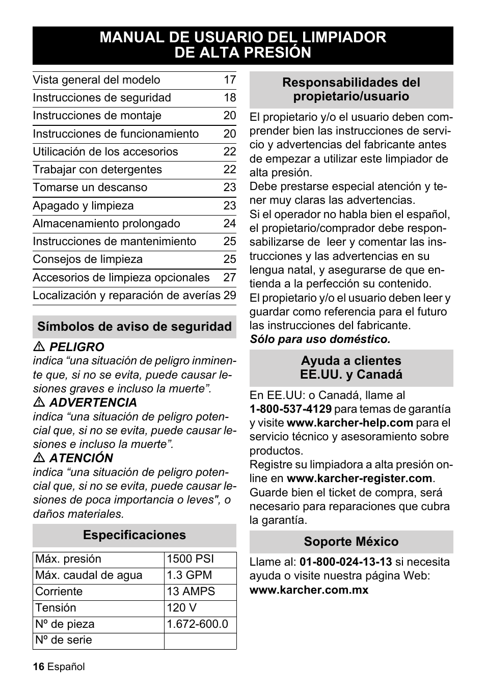 Manual de usuario del limpiador de alta presión | Karcher K 2-20 M Plus User Manual | Page 16 / 48