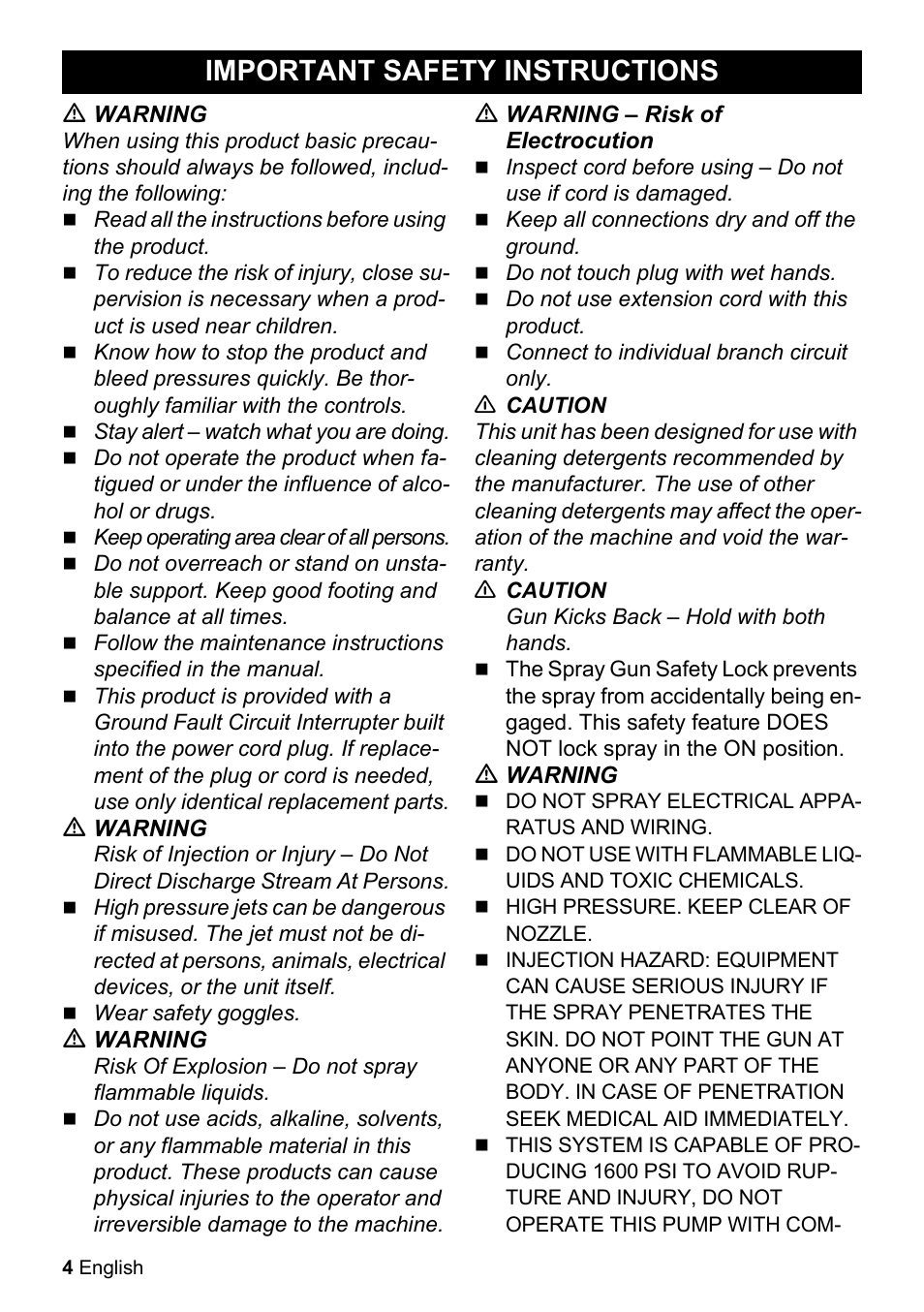 Important safety instructions | Karcher K 2-20 M Plus User Manual | Page 4 / 48