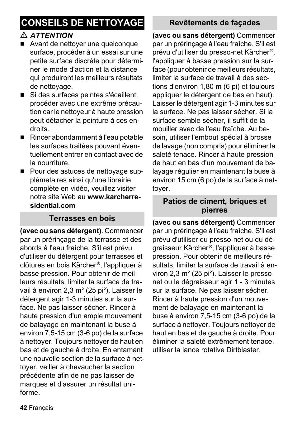 Conseils de nettoyage | Karcher K 2-20 M Plus User Manual | Page 42 / 48