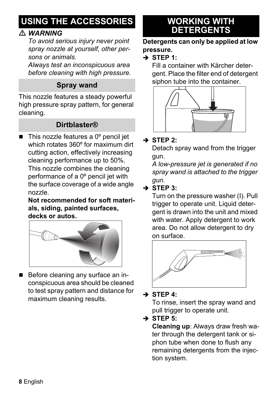Using the accessories, Working with detergents | Karcher K 2-20 M Plus User Manual | Page 8 / 48