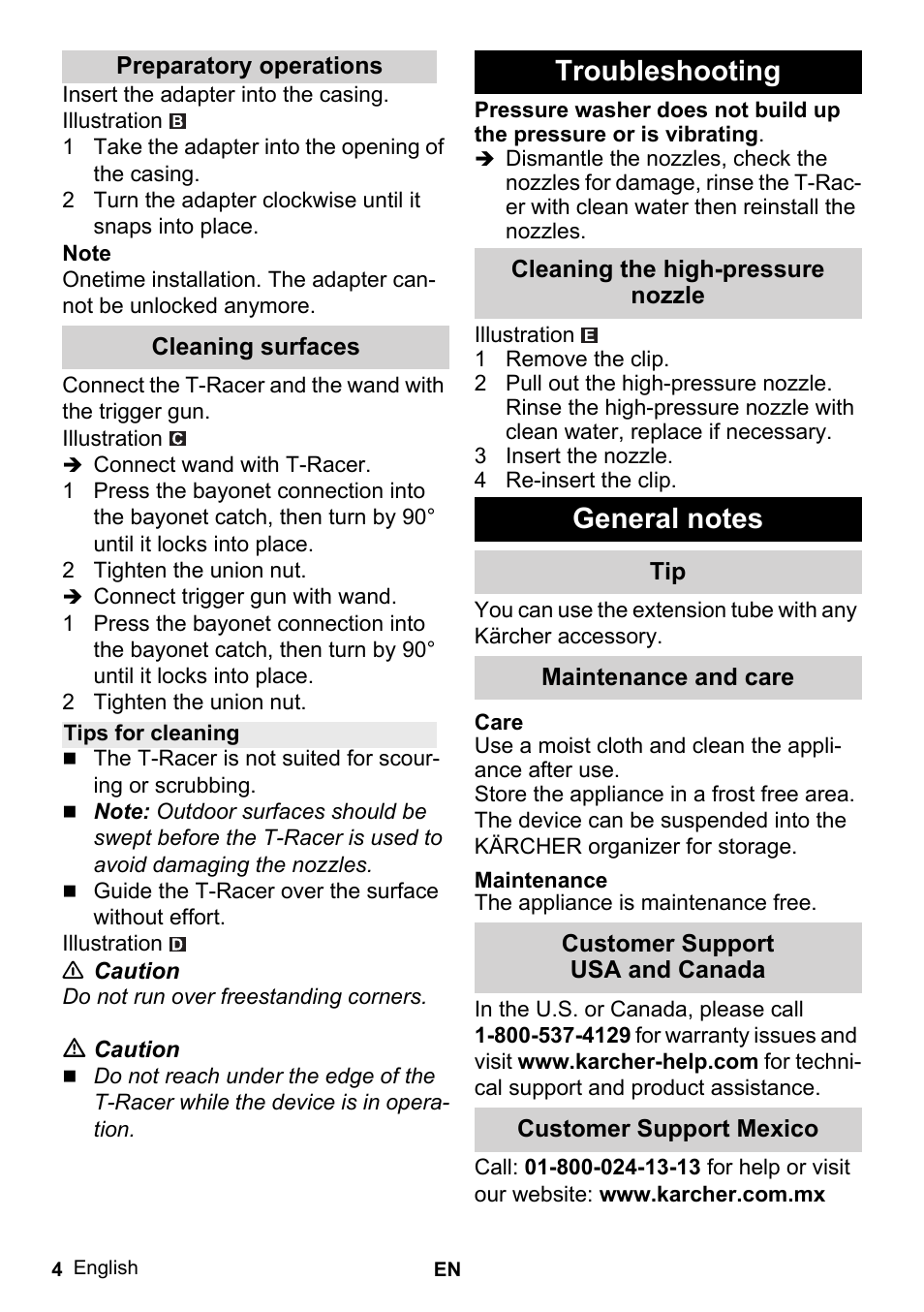 Preparatory operations, Insert the adapter into the casing, Illustration | 1 take the adapter into the opening of the casing, Note, Cleaning surfaces, Connect wand with t-racer, 2 tighten the union nut, Connect trigger gun with wand, Tips for cleaning | Karcher K 2-26 M T50 User Manual | Page 4 / 8