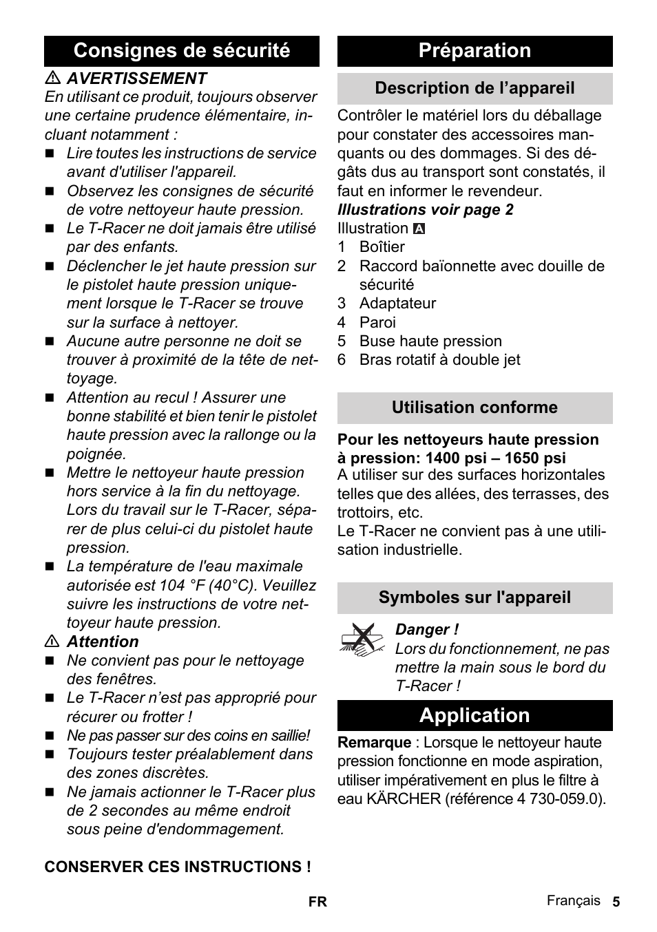 Français, Consignes de sécurité préparation, Application | Karcher K 2-26 M T50 User Manual | Page 5 / 8