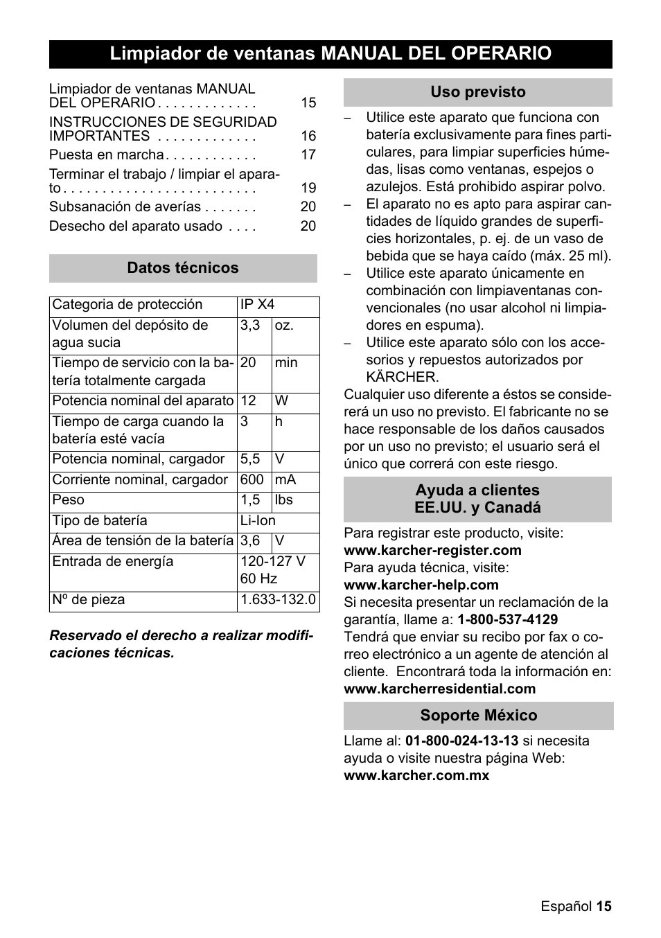 Limpiador de ventanas manual del operario | Karcher WV 55 User Manual | Page 15 / 24