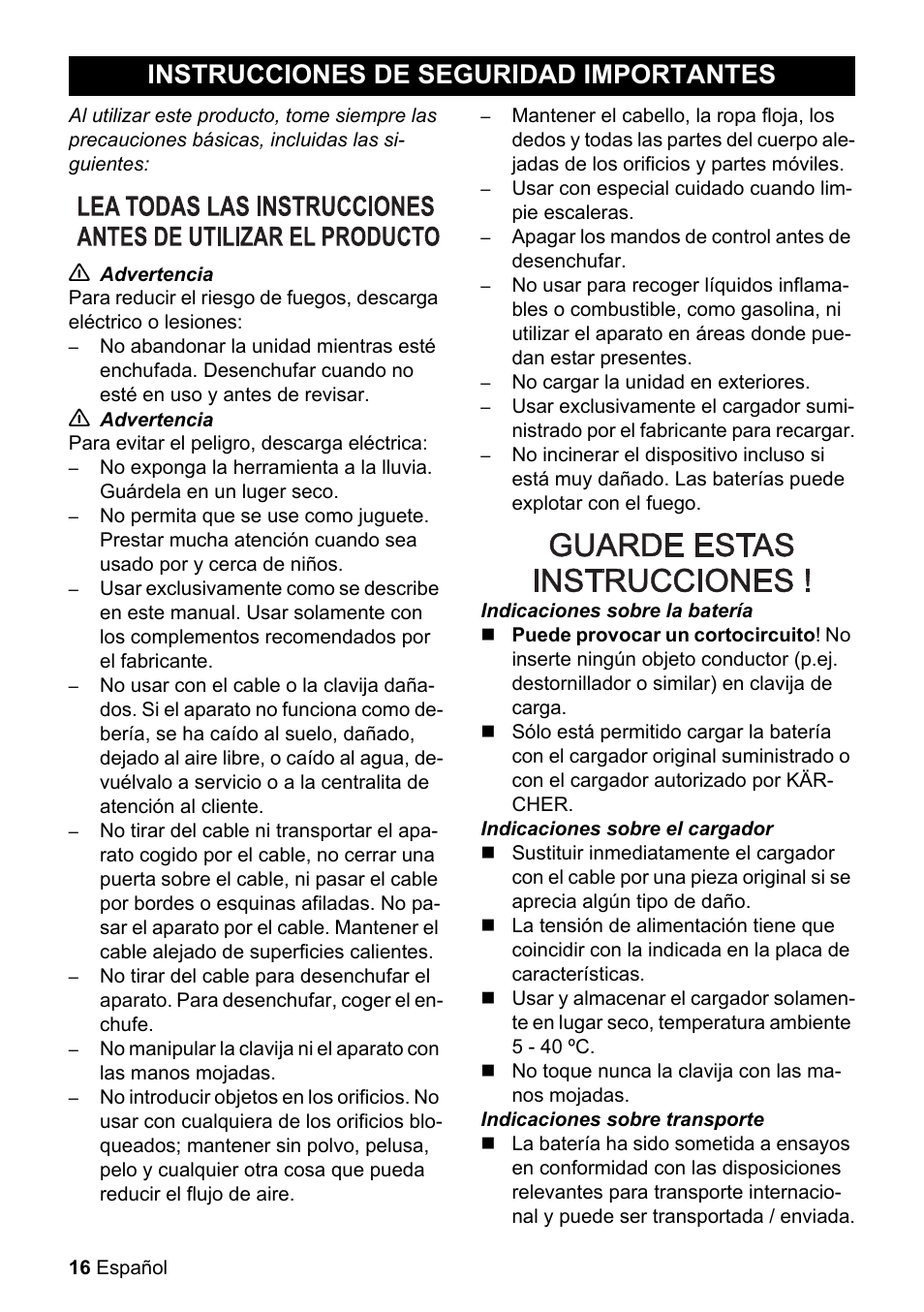 Instrucciones de seguridad, Importantes, Instrucciones de seguridad importantes | Karcher WV 55 User Manual | Page 16 / 24