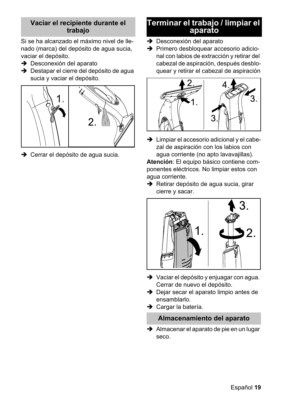 Terminar el trabajo / limpiar el apara, Terminar el trabajo / limpiar el aparato | Karcher WV 55 User Manual | Page 19 / 24