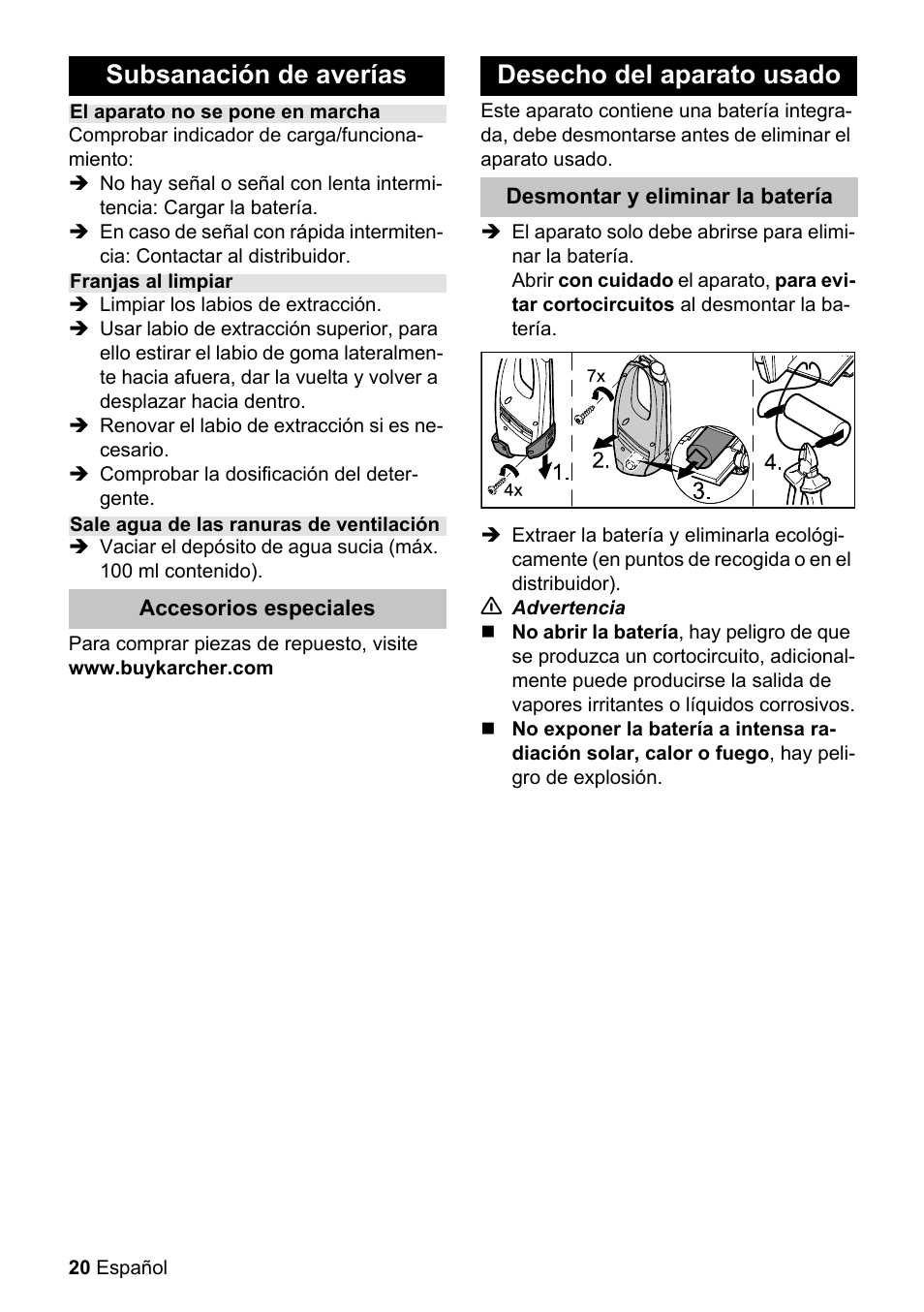 Subsanación de averías, Desecho del aparato usado | Karcher WV 55 User Manual | Page 20 / 24
