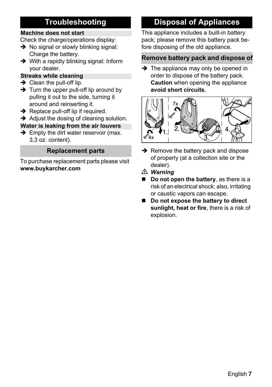 Troubleshooting, Disposal of appliances | Karcher WV 55 User Manual | Page 7 / 24