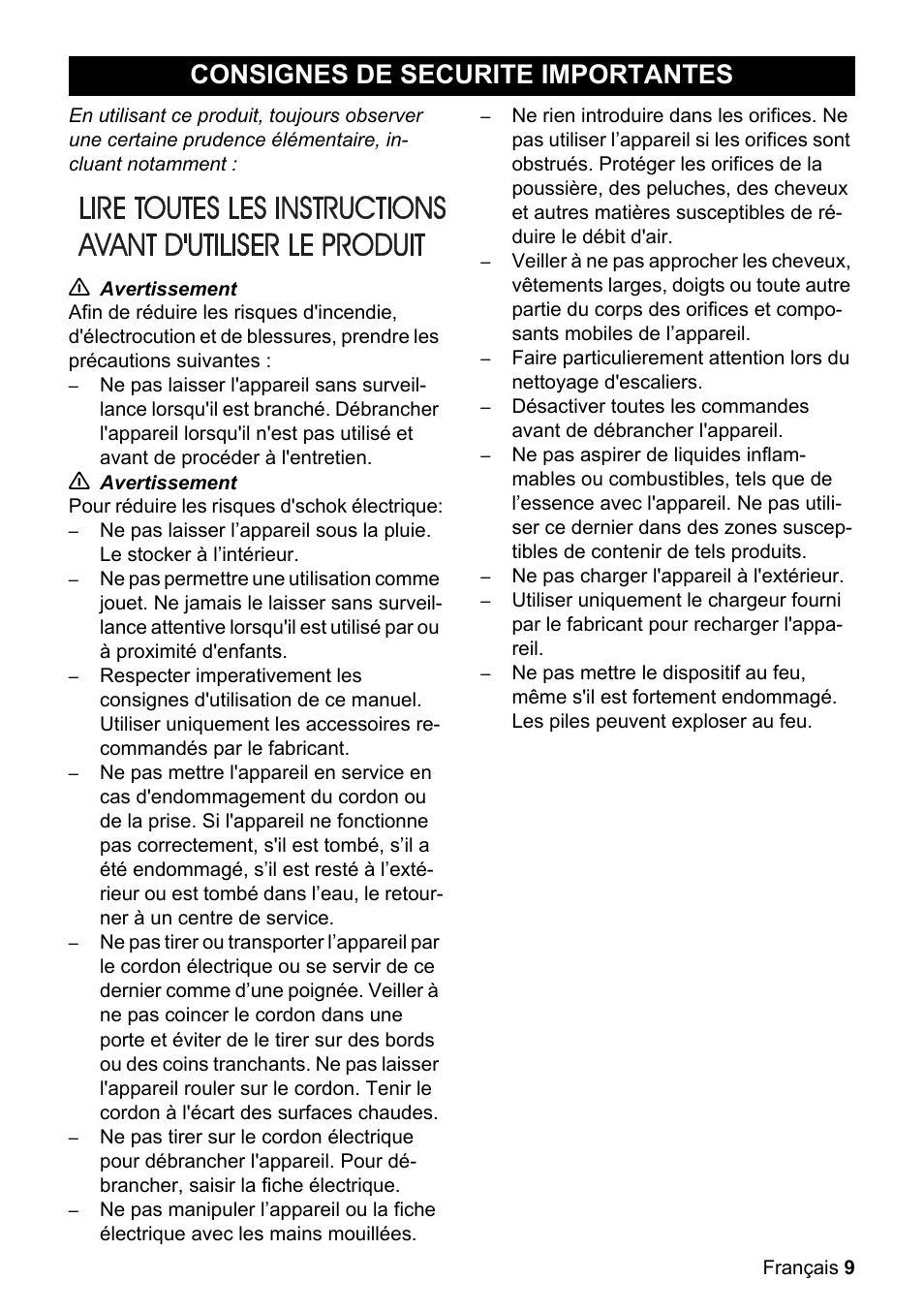 Consignes de securite im, Portantes, Consignes de securite importantes | Karcher WV 55 User Manual | Page 9 / 24