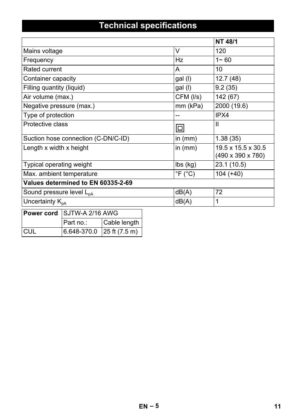 Technical specifications | Karcher NT 48-1 Professional User Manual | Page 11 / 28