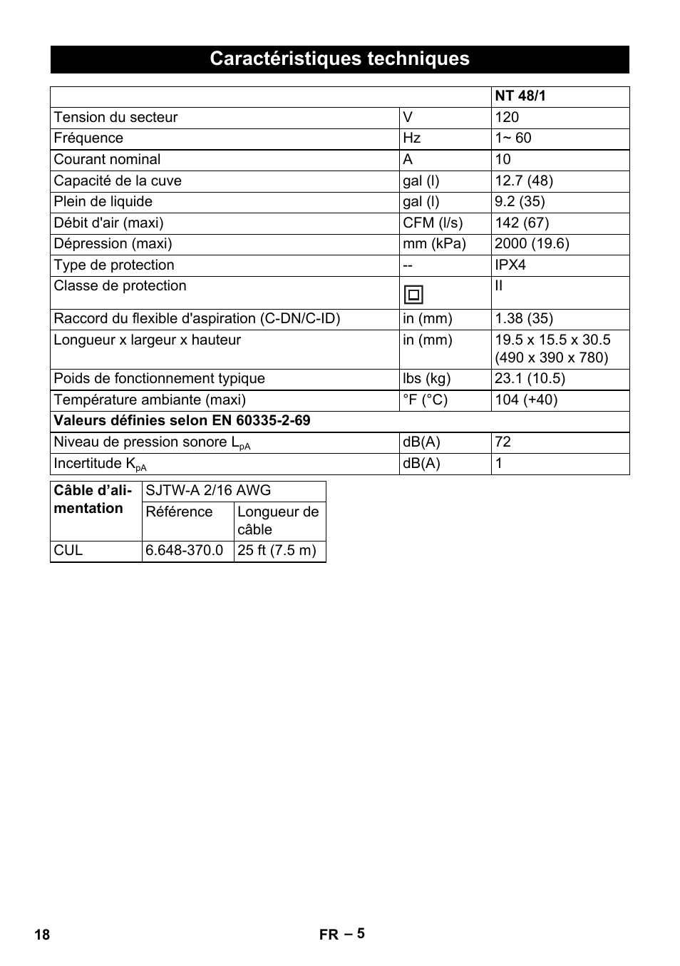 Caractéristiques techniques | Karcher NT 48-1 Professional User Manual | Page 18 / 28
