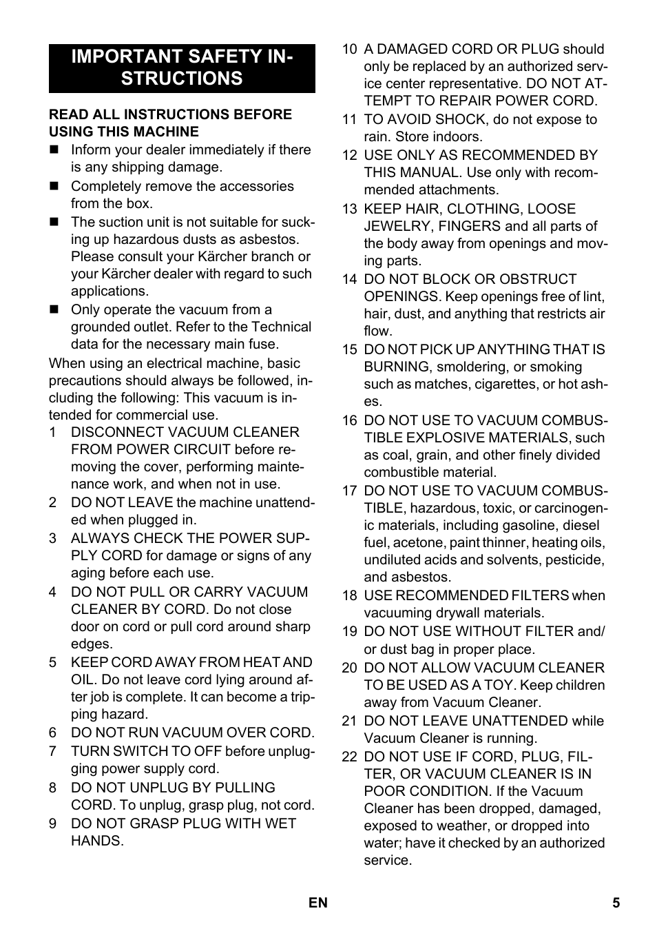 English, Important safety in- structions | Karcher NT 48-1 Professional User Manual | Page 5 / 28