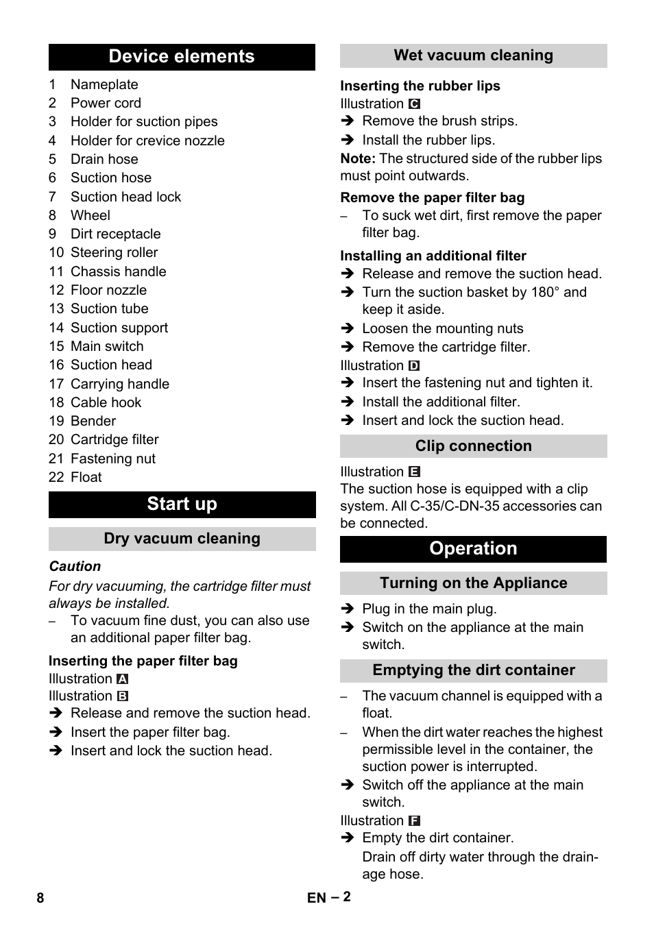 Device elements, Start up, Dry vacuum cleaning | Inserting the paper filter bag, Wet vacuum cleaning, Inserting the rubber lips, Remove the paper filter bag, Installing an additional filter, Clip connection, Operation | Karcher NT 48-1 Professional User Manual | Page 8 / 28