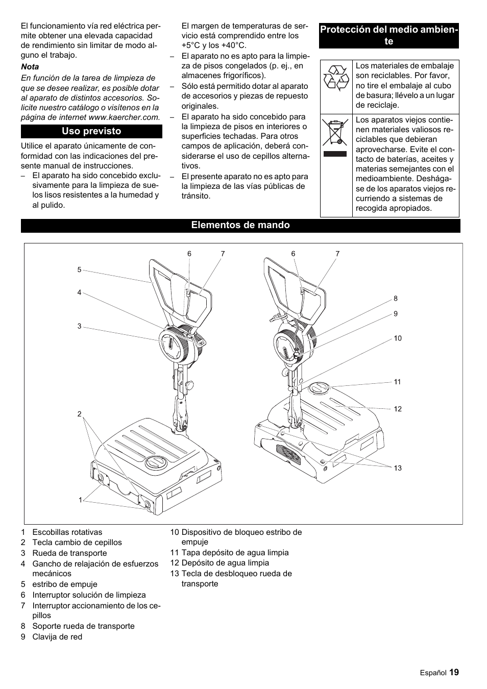 Uso previsto protección del medio ambien- te, Elementos de mando | Karcher Scrubber BRS 40-1000 C User Manual | Page 19 / 28